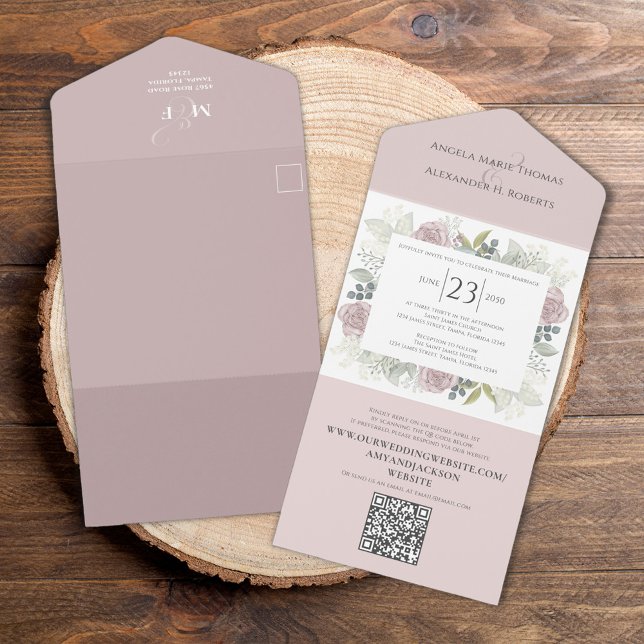 Invitation Tout En Un Floral QR Code Elegant RSVP Online Blush Pink (Elegant Wedding Invitation All in One style with a QR code and pink blush floral template. )