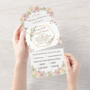 Invitation Tout En Un Floral rose et blanc mariage tout en un Invitati