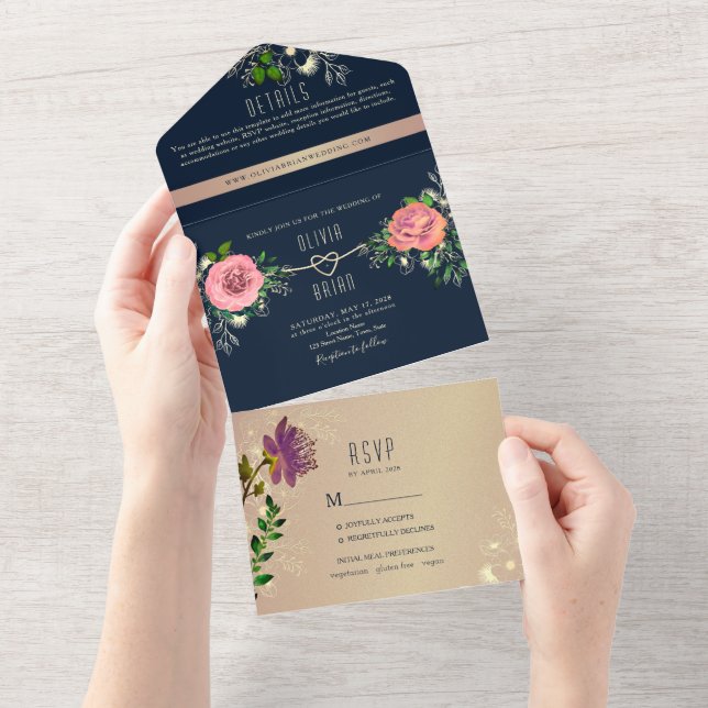 Invitation Tout En Un Floral Rose Gold Marine Blue Photo Mariage (Déchirure)