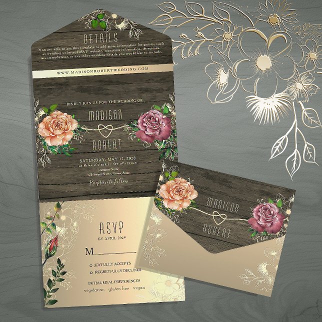 Invitation Tout En Un Floral Rustic Mariage en bois de grange (Créateur téléchargé)