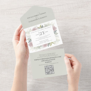 Invitation Tout En Un Floral Sage Dusty Rose Classic Green Code QR