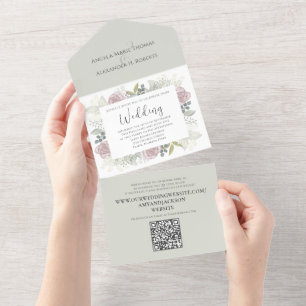 Invitation Tout En Un Floral Sage Dusty Rose Classic Green Code QR