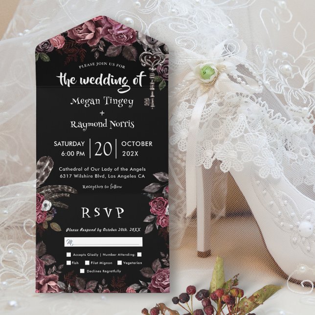 Invitation Tout En Un Florales noires Roses sombres Mariage gothique (Créateur téléchargé)