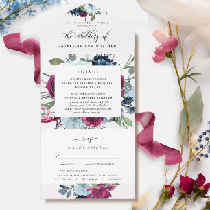 Invitation Tout En Un Flore Berry Blue Bourgogne Mariage Tear Off RSVP
