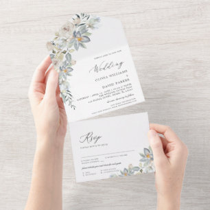 Invitation Tout En Un Flore bleu et blanc poussiéreux   MARIAGE 