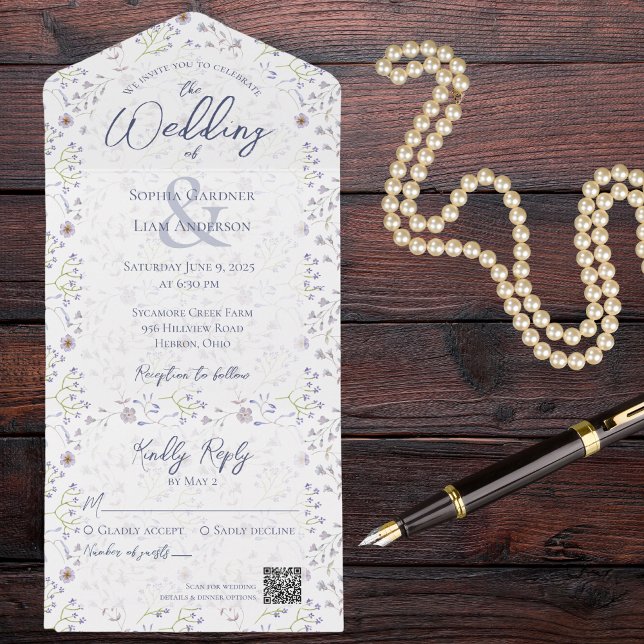 Invitation Tout En Un Flore bleu mince et poussiéreuse avec code QR (Créateur téléchargé)