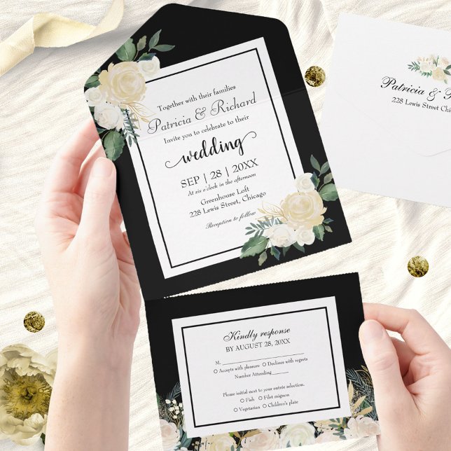 Invitation Tout En Un Flore De Crème Blanche Sur Mariage Élégant Noir (Créateur téléchargé)