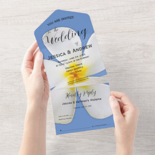 Invitation Tout En Un Flore tropicale, Plumeria blanche sur Bleu, Mariag