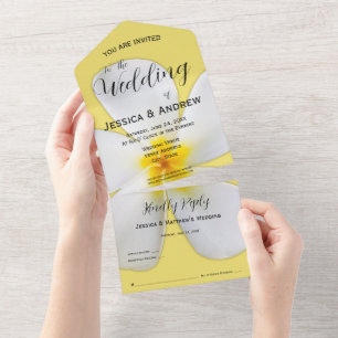 Invitation Tout En Un Flore tropicale, Plumeria blanche sur Jaune, Maria