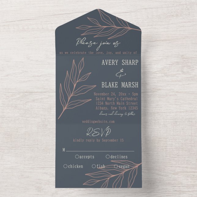 Invitation Tout En Un Foliage Leaf Line Art Charbon, Crème & Boho Rose (À l'intérieur)
