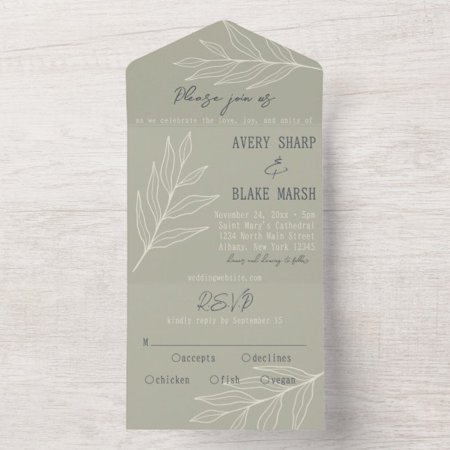 Invitation Tout En Un Foliage Leaf Line Art Sage, Cream & Navy Boho (À l'intérieur)