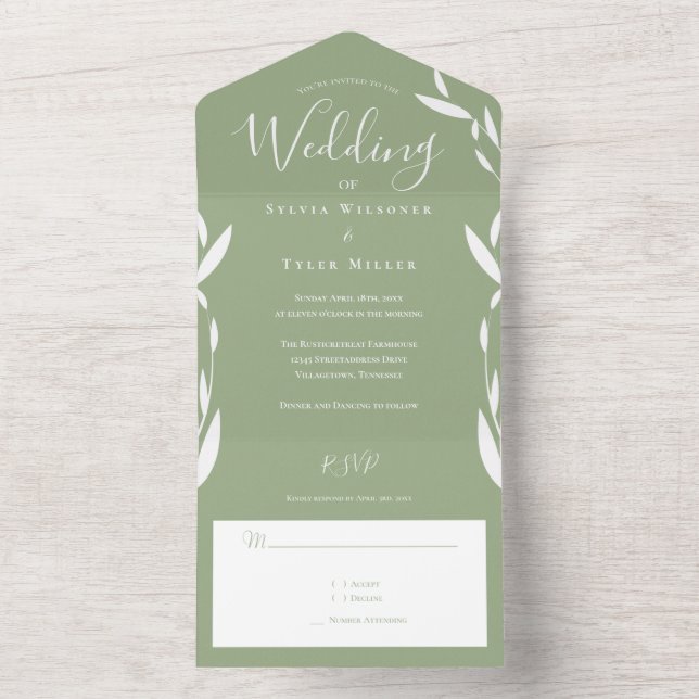 Invitation Tout En Un Foliage Sage Green White Wedding (À l'intérieur)
