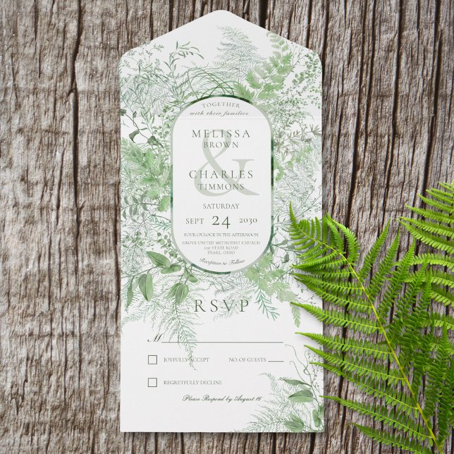 Invitation Tout En Un Foliole vert de foune moderne Blanc Pas de dîner (Also available with a QR code or with dinner selection options.)