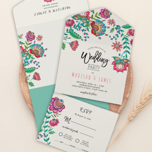 Invitation Tout En Un Folk Flowers Boho Turquoise Fiesta wedding