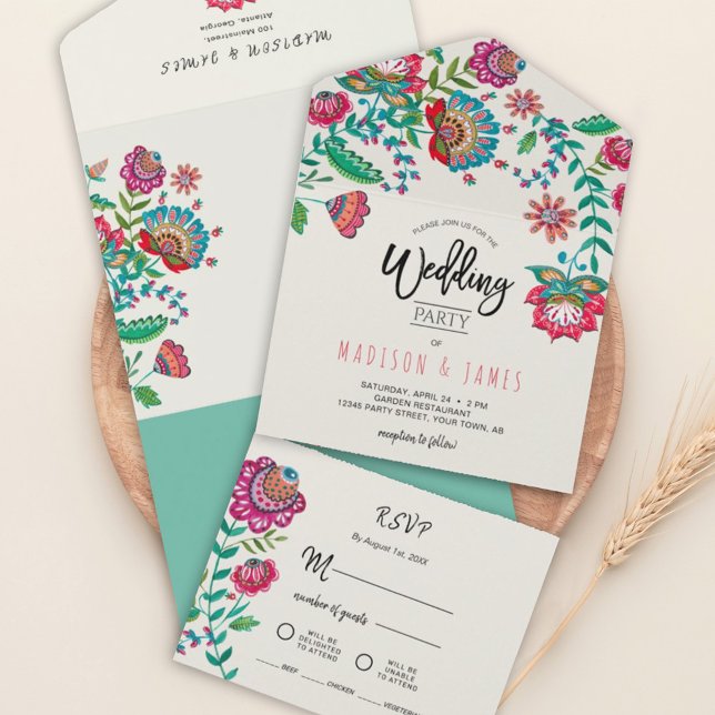 Invitation Tout En Un Folk Flowers Boho Turquoise Fiesta wedding (Créateur téléchargé)