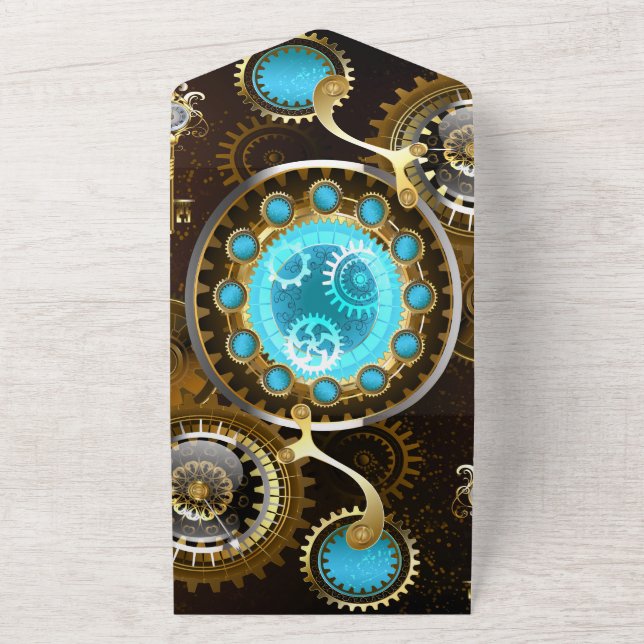 Invitation Tout En Un Fond rouillé Steampunk avec verres turquoise (Dehors)