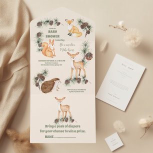 Invitation Tout En Un Forest Friends & Woodland Baby shower de verdure