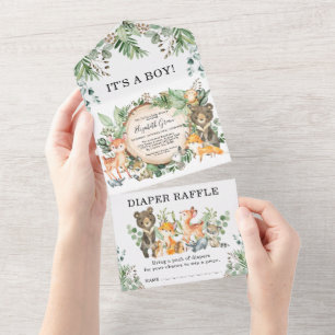 Invitation Tout En Un Forêt de verdure Baby shower des animaux de bois