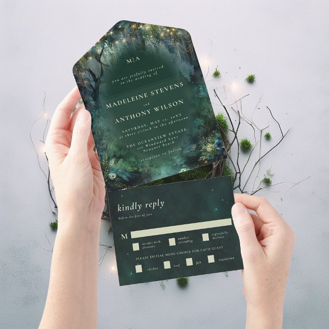 Invitation Tout En Un Forêt enchantée Fairytale Mariage vert (enchanted forest woodland wedding invitation emerald hunter green gold all in one seal send)