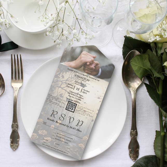 Invitation Tout En Un Forêt gothique foncée Floral QR Code Photo (Créateur téléchargé)