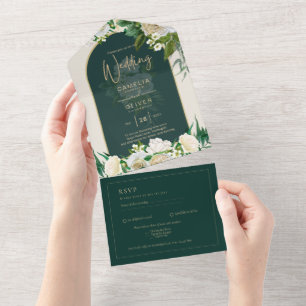 Invitation Tout En Un Forêt Vert Or Roses blanches Mariage d'hiver
