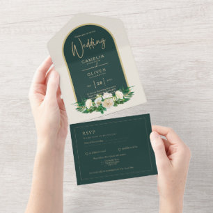 Invitation Tout En Un Forêt Vert Or Roses blanches Mariage d'hiver