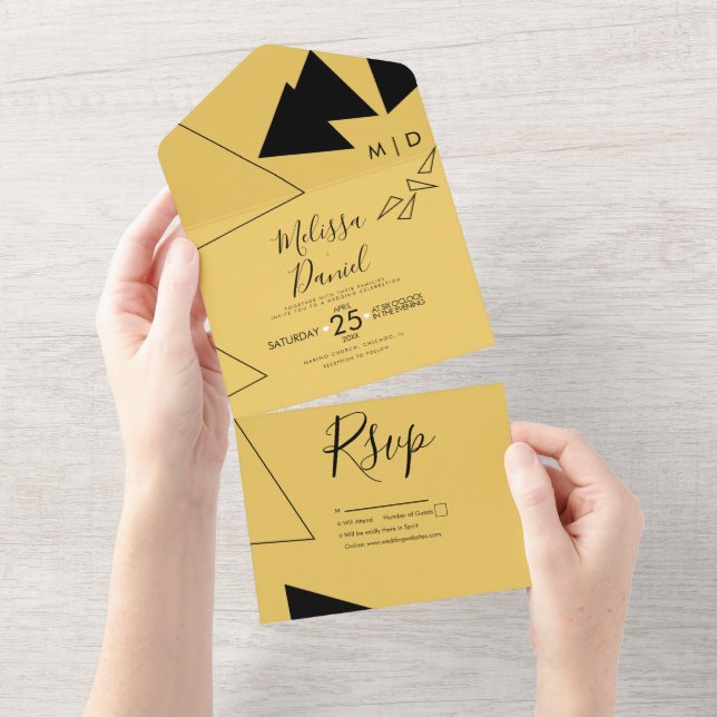 Invitation Tout En Un Formes Géométriques Jaune Mariage Noir  (Déchirure)