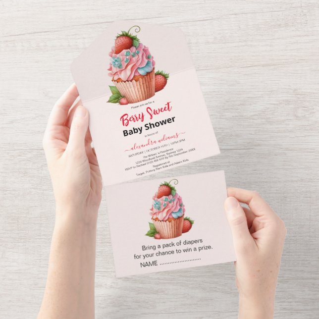 Invitation Tout En Un Fraise Baby shower Berry Sweet (Déchirure)
