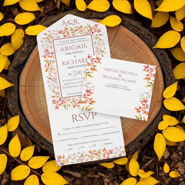 Invitation Tout En Un Frontière des feuilles et des baies mariage en ter (Créateur téléchargé)