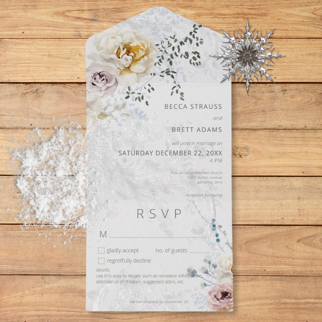 Invitation Tout En Un Frosty Winter Pastel Floral Détails Moderne (Frosty Winter Pastel Floral Modern Details All In One Invitation)