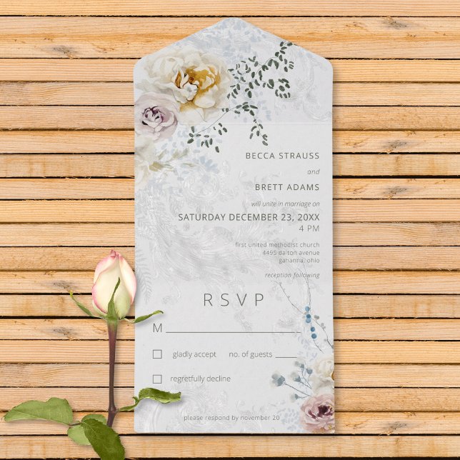 Invitation Tout En Un Frosty Winter Pastel Floral Modern Sans Dîner (Also available with a QR code or with dinner selection options.)