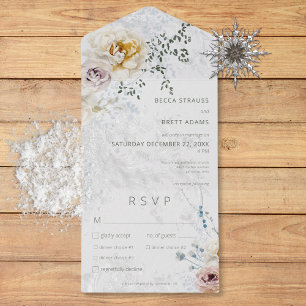 Invitation Tout En Un Frosty Winter Pastel Floral Moderne Trois Dîners