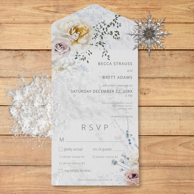 Invitation Tout En Un Frosty Winter Pastel Floral Moderne Trois Dîners (Frosty Winter Pastel Floral Modern Three Dinner All In One Invitation)