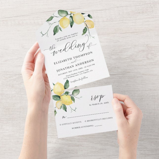 Invitation Tout En Un Fruits d'été citron jaune Détails Mariage RSVP (Déchirure)