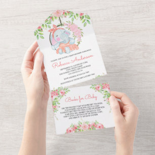 Invitation Tout En Un Fuchsia Floral Éléphant Mignon Baby Shower