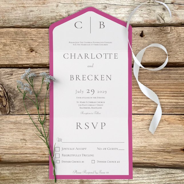 Invitation Tout En Un Fuchsia rose et blanc Monogramme Dîner minimal (Créateur téléchargé)