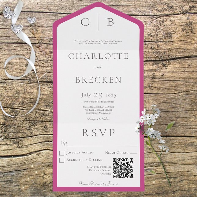 Invitation Tout En Un Fuchsia rose et blanc monogramme minimum QR Code (Créateur téléchargé)
