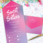 Invitation Tout En Un Fun Coloré Sweet sixteen moderne fête d'anniversai<br><div class="desc">Cet invitation de fête d'anniversaire Sweet sixteen moderne présente un arrière - plan dégradé coloré dans les tons rose, aqua et violet avec un script de brosse blanc et une typographie moderne. Le script de message d'accueil dit "Sweet sixteen". A l'extérieur de l'invitation se trouve le même dégradé coloré. À...</div>