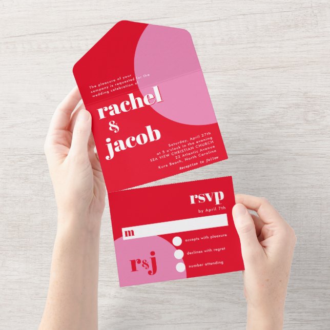 Invitation Tout En Un Fun Retro Rouge et rose Valentin Mariage (Déchirure)