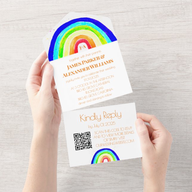Invitation Tout En Un Gay Rainbow Mariage LGBT Pride RSVP QR Code (Déchirure)