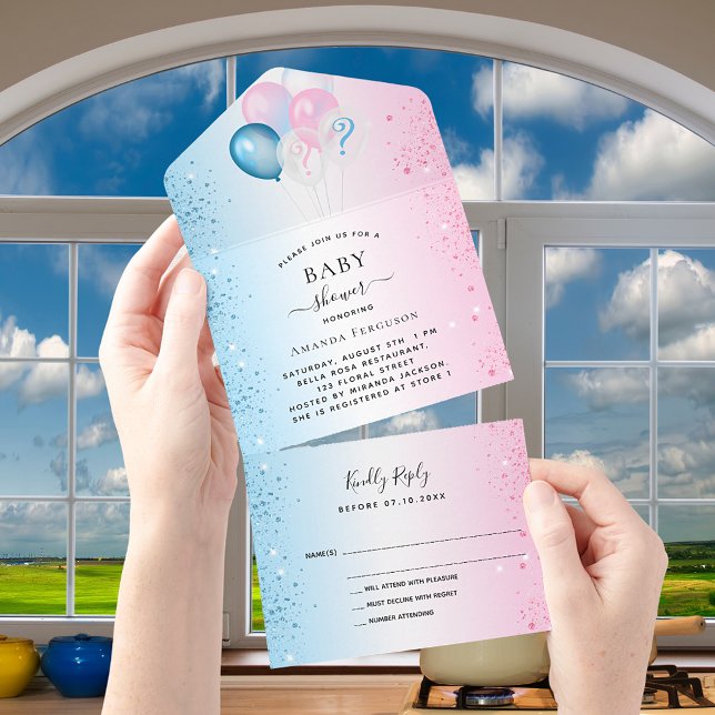 Invitation Tout En Un Genre révéler baby shower bleu rose RSVP (Créateur téléchargé)