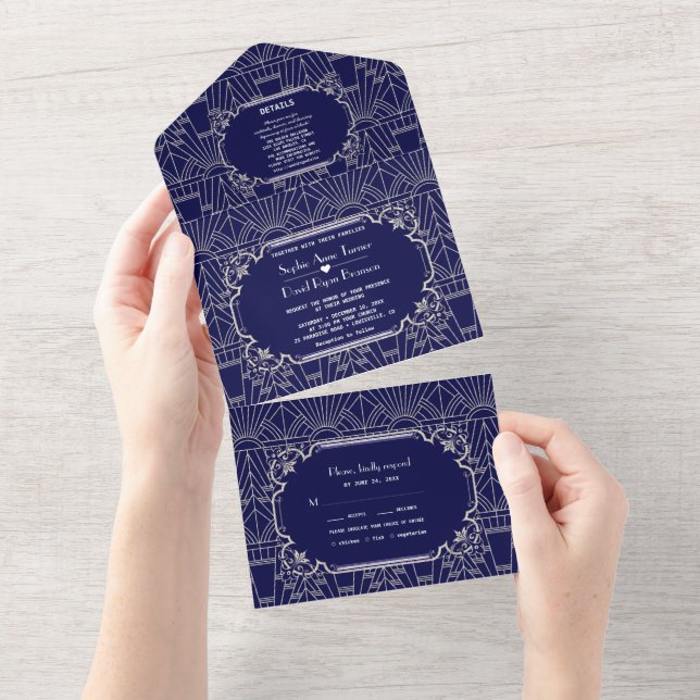 Invitation Tout En Un Glam Navy Blue Silver Great Gatsby 20s Mariage (Déchirure)
