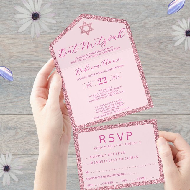 Invitation Tout En Un Glam Pink Classic Élégant Bat mitzvah RSVP (All in one Bat Mitzvah invitations in pink glam include a handy tear away RSVP postcard)