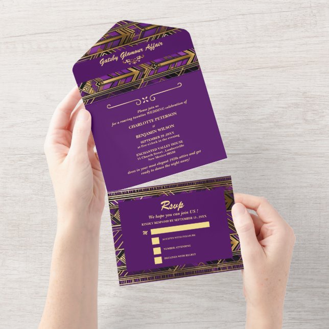 Invitation Tout En Un Glam Purple & Gold Gatsby Art Déco Mariage des ann (Déchirure)