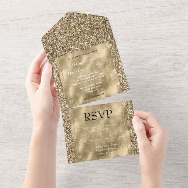 Invitation Tout En Un Glitzy Antique Gold Parties scintillant (Déchirure)