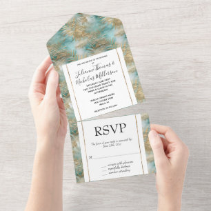 Invitation Tout En Un Gold Aqua White Feuilles tropicaux