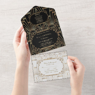 Invitation Tout En Un Gold Black White Great Gatsby Art Déco Anniversair