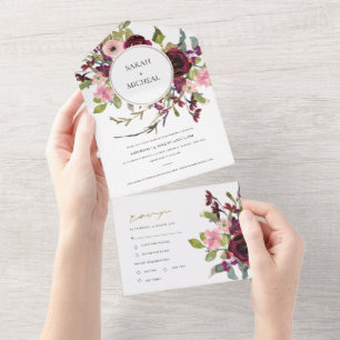 INVITATION TOUT EN UN GOLD BURGUNDY BLUSH ROSE FLORAL EAU MARIAGE