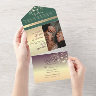 Invitation Tout En Un Gold Emerald Green et Purple Photos Mariage