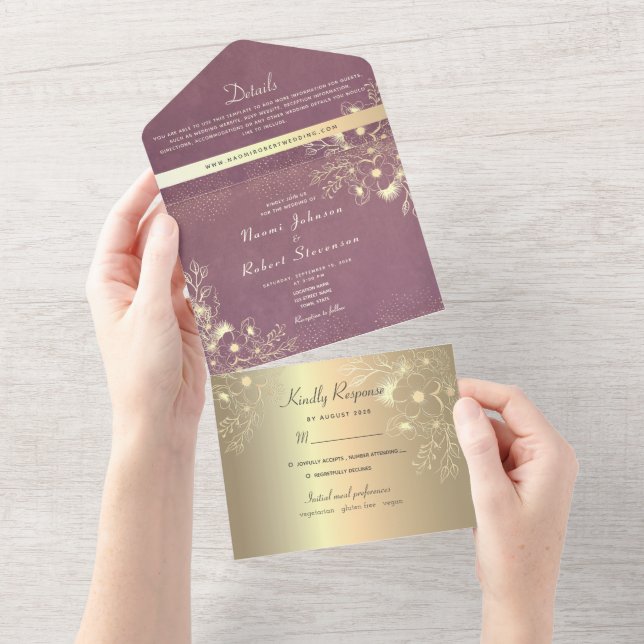 Invitation Tout En Un Gold Floral violet Mariage (Déchirure)